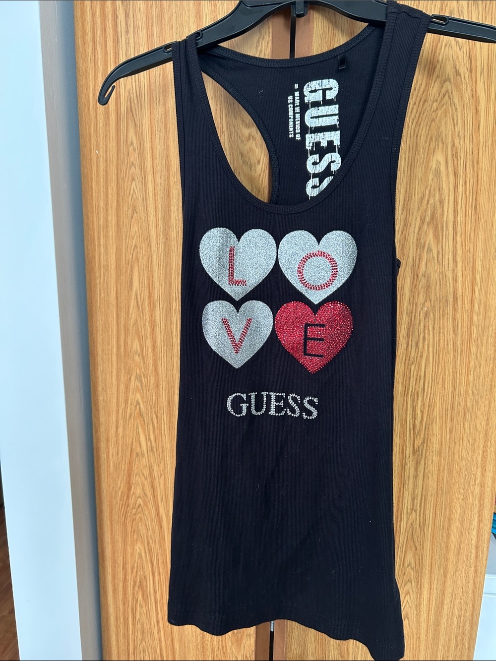 GUESS Black Tank with Silver and Red Sequin Hearts